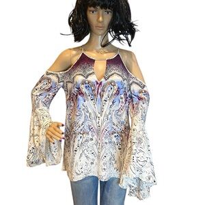 White House Black Market WHBM Tasha Cold Shoulder Bell Sleeves Blouse Size 8 EUC